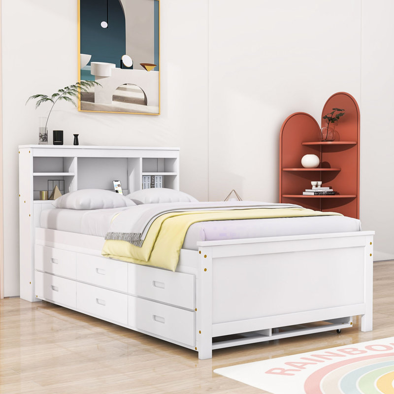 Lit plateforme en bois avec lit gigogne simple et 3 tiroirs Olriedge, Simple, Blanc