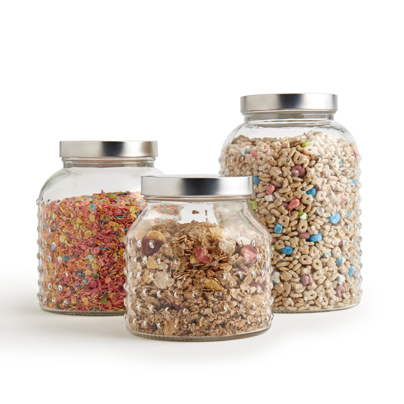Mason Craft & More 3 Piece Hobnail Glass Canister Set with Airtight Stainless Steel Lids