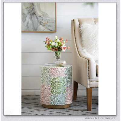 Gold Base Capiz Shell Cylinder Stool – Green/Pink Pearl Accent – Round Side Table, Decorative Indoor Seat