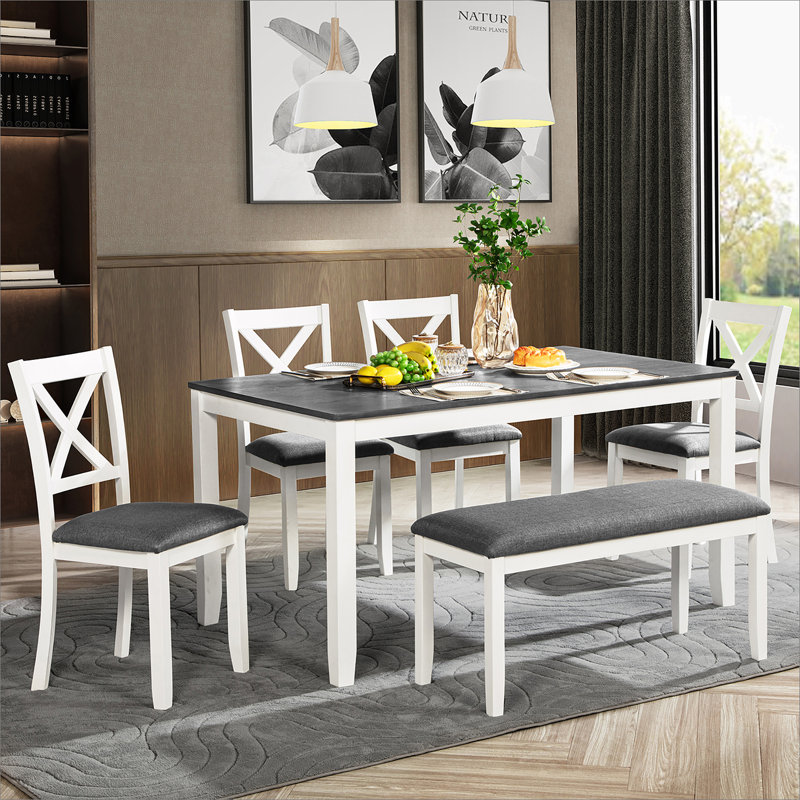 Ensemble de table de salle à manger 6 pièces avec banc, ensemble de table à manger en bois pour 6 personnes, ensemble de table à manger moderne pour 6 personnes pour la salle à manger, cuisine, gris et blanc deux tons