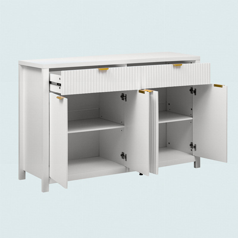 Modern Wave-Pattern Sideboard Cabinet With 2 Drawers And 4 Doors, 3-Level Adjustable Shelves, White