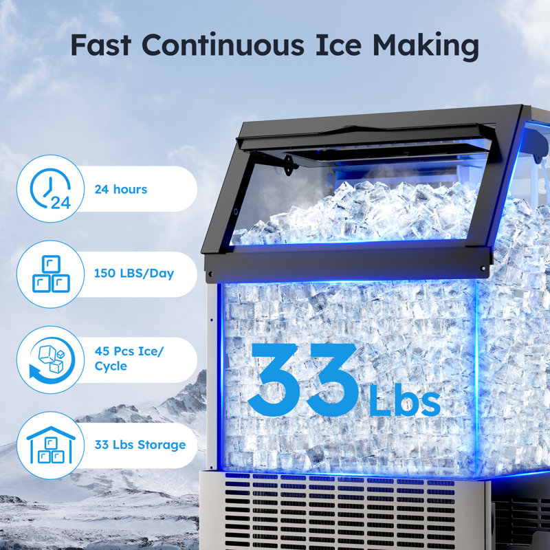 150LBS/24H Commercial Ice Maker, 50LBS Storage, Dual Water Inlet, Stainless Steel, Self-Cleaning