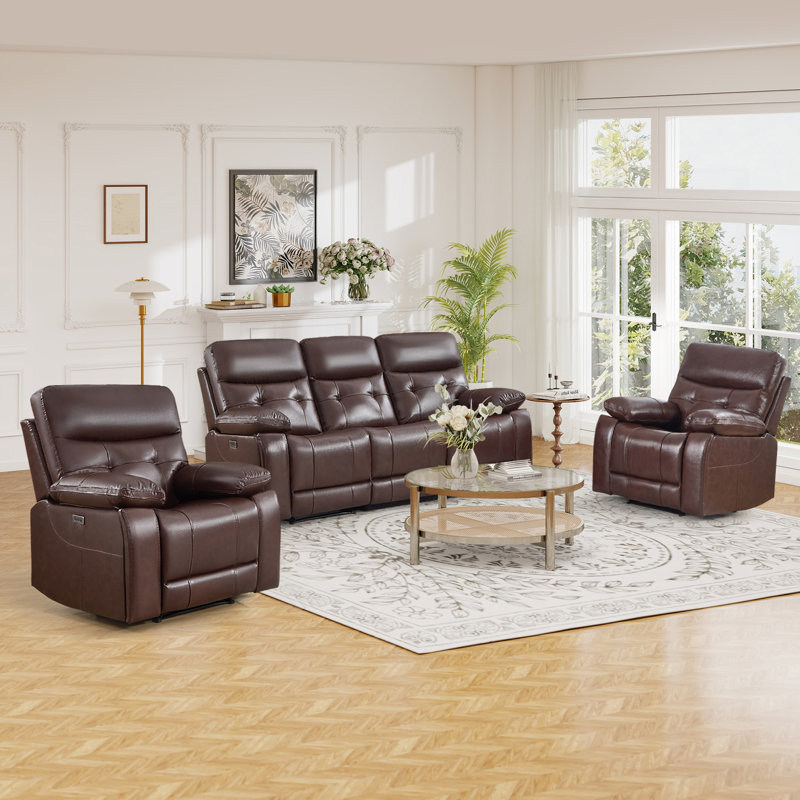 Ensemble de salon 3 pièces inclinable électrique capitonné moderne - 2 fauteuils inclinables en cuir fleur + canapé 3 places avec porte-gobelet USB et porte-gobelet dissimulé