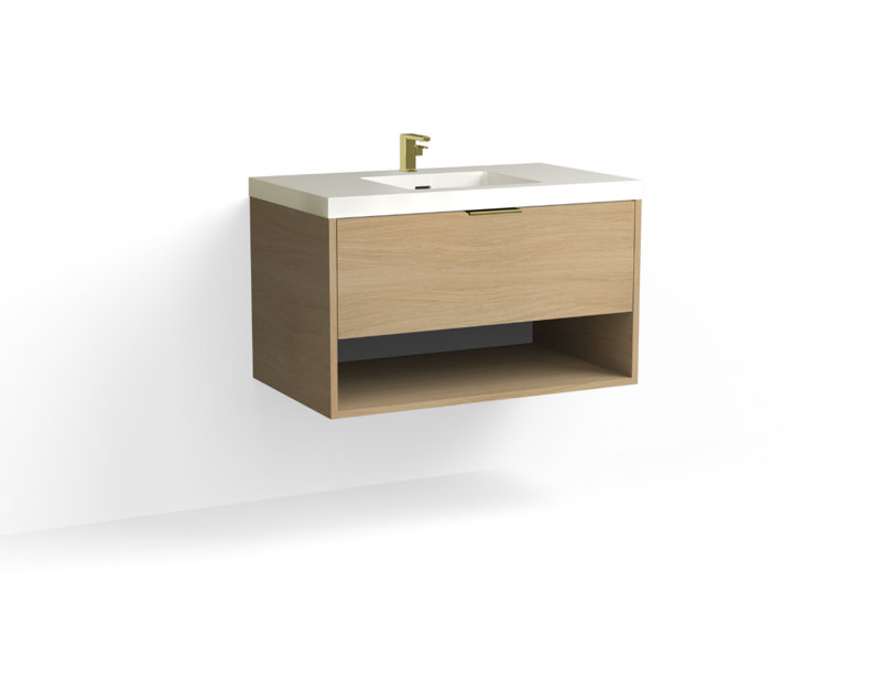 Modo 36" W Wall Mounted Single Bathroom Vanity, Glossy White/Single, Nocino, Polished Nickel