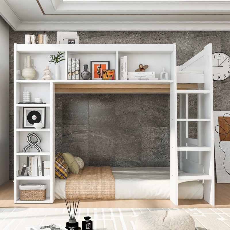Queen Size Wooden Loft Bed with Storage Cabinets, Shelves & Space-Saving Design,White/Brown, White