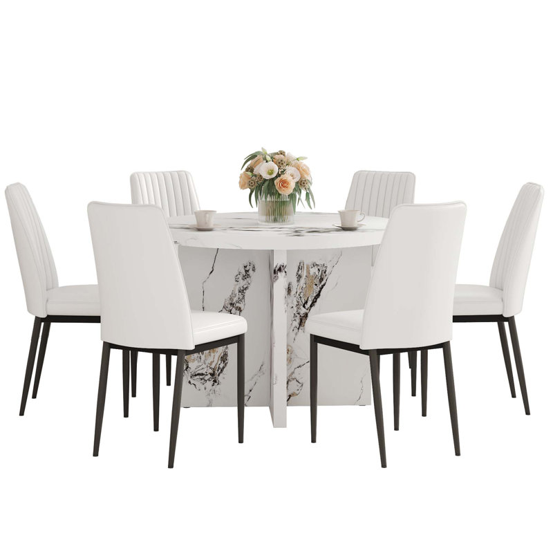 Ensemble de table de salle à manger 7 pièces, table ronde moderne de 42 pouces et 6 chaises rembourrées pour la salle à manger, la cuisine, le salon et l'assemblage facile