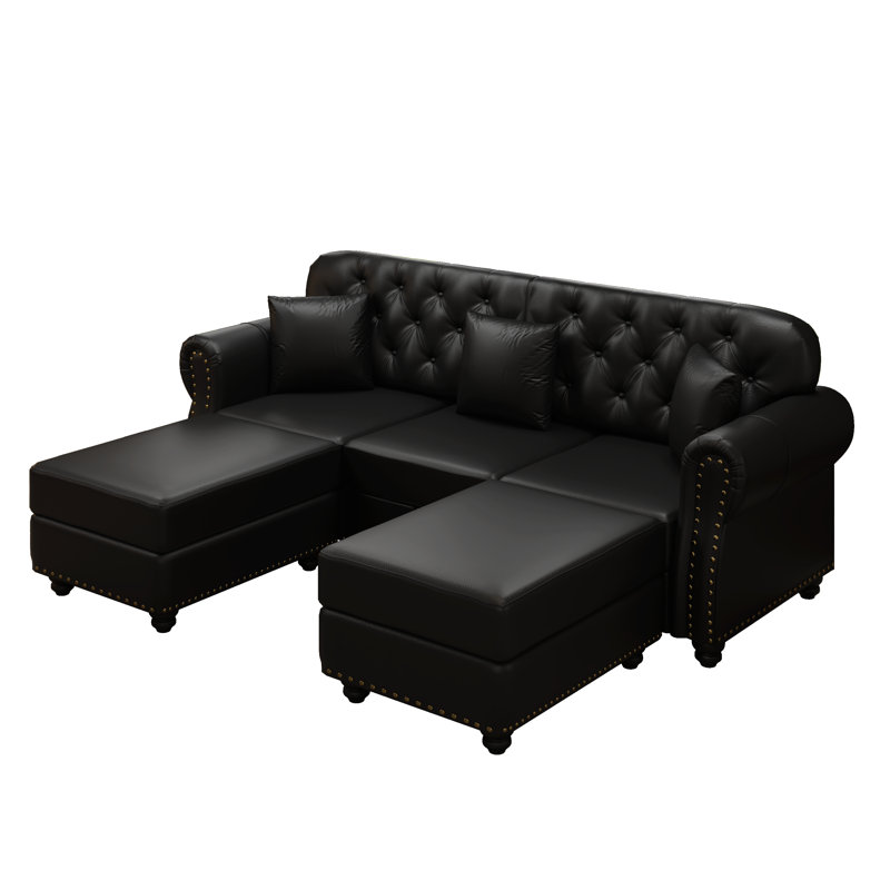 Canapé Chesterfield avec capitonnage à boutons Mid-Century 82,6 po avec garniture cloutée et 2 repose-pieds, Noir