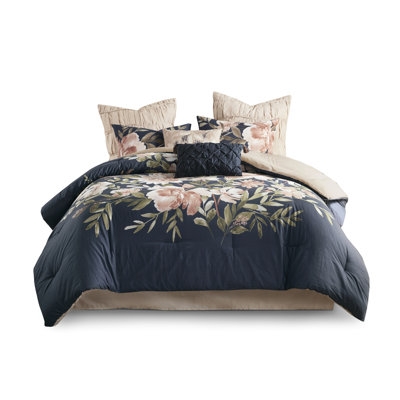 King 8 Piece Comforter - Navy With Floral Design Embroidered & Pillows 2 Euro Shams, Shams Bed Skirt Cotton 1