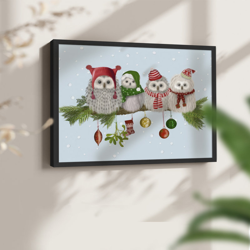 Hiboux de Noël moelleux sur une branche - reproduction encadrée - réversible, H 22 po x l 28 po, Noir, noir, noir, noir