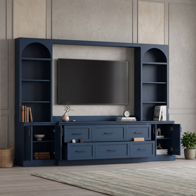 Meuble télé mural moderne avec 6 tiroirs, tablettes ajustables et 2 placards, Bleu