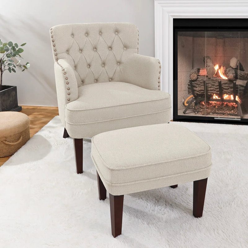 Clarkston 28.3'' Wide Tufted Armchair and Ottoman,Accent Chair with Ottoman Set, Polyester Blend Beige