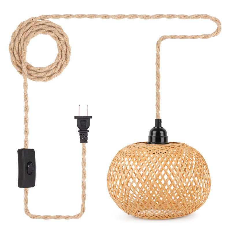 15ft 1-Light Boho Pendant Light Natural Rattan Single Light with Hemp Rope Switch  for Farmhouse Living Room