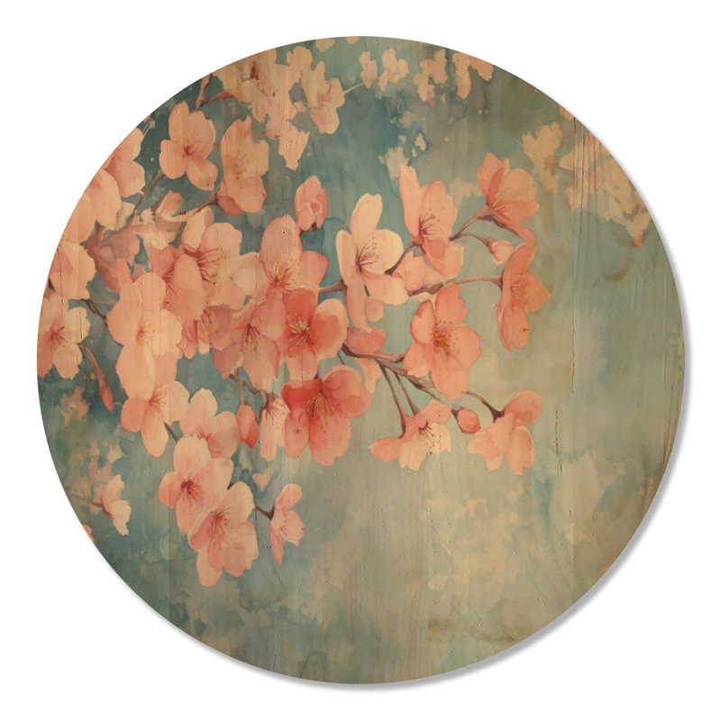 Sakura et ciel - art mural floral rond en bois, Rond 23 po, Rond