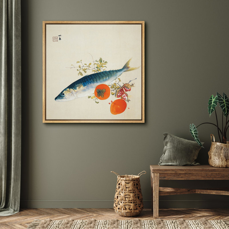 Œuvre japonaise, persimmon, art japonais, H 16 po x l 16 po x P 1,5 po, Cadre flottant naturel
