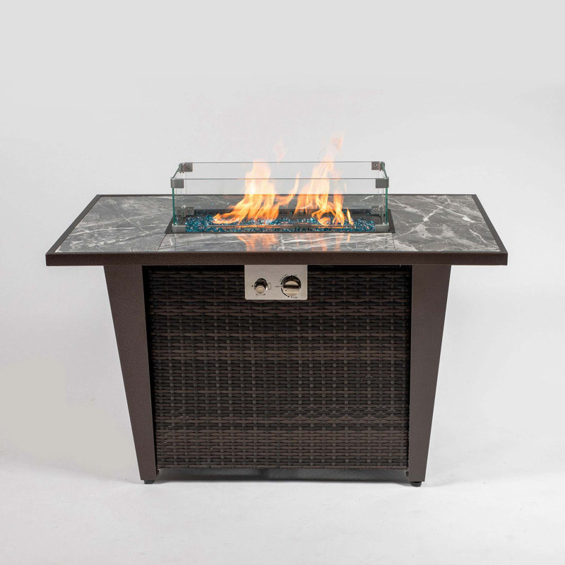 42Inch Rattan Fire Pit Table With Ceramic Tile Tabletop,Glass Wind Guard And Rain Cover,Lid