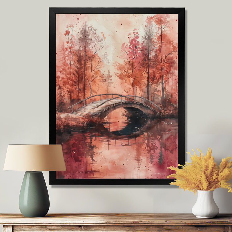 Rose et brun, printemps, pont, rêves, fleurs II, Cadre simple noir, H 16 po x l 32 po