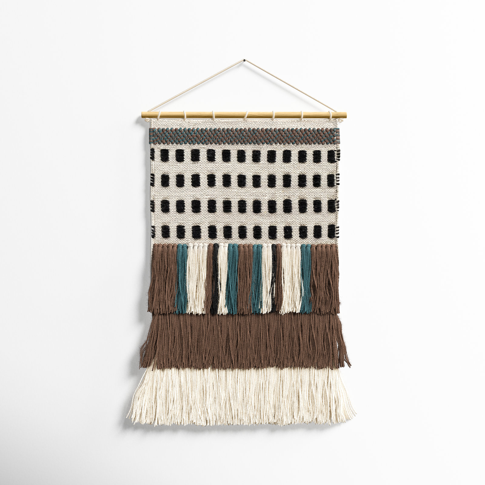 Maride Blended Fabric Wall Hanging with Rod, Brown/Light Beige/Black/Deep Teal/Cream