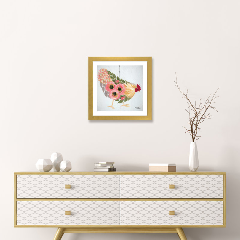 «Floral Hen on White» par Michele Norman - impression d'art graphique, Papier encadré doré, Blanc, H 16 po x l 16 po x p 1 po