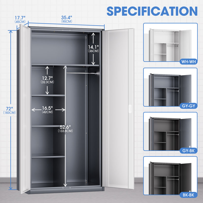 72" Lockable Heavy Duty Metal Storage Cabinet W/ Hanging Rod&Shelves, Gray/White