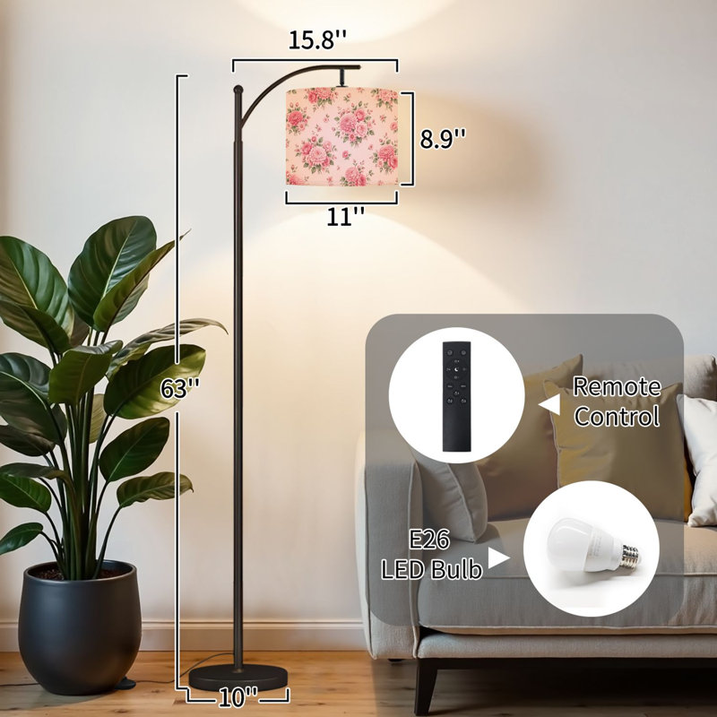 Lampe sur pied avec abat-jour réglable, motif floral de roses roses, 3 températures de couleur, intensité variable, lampe sur pied avec interrupteur au pied pour chambre à coucher