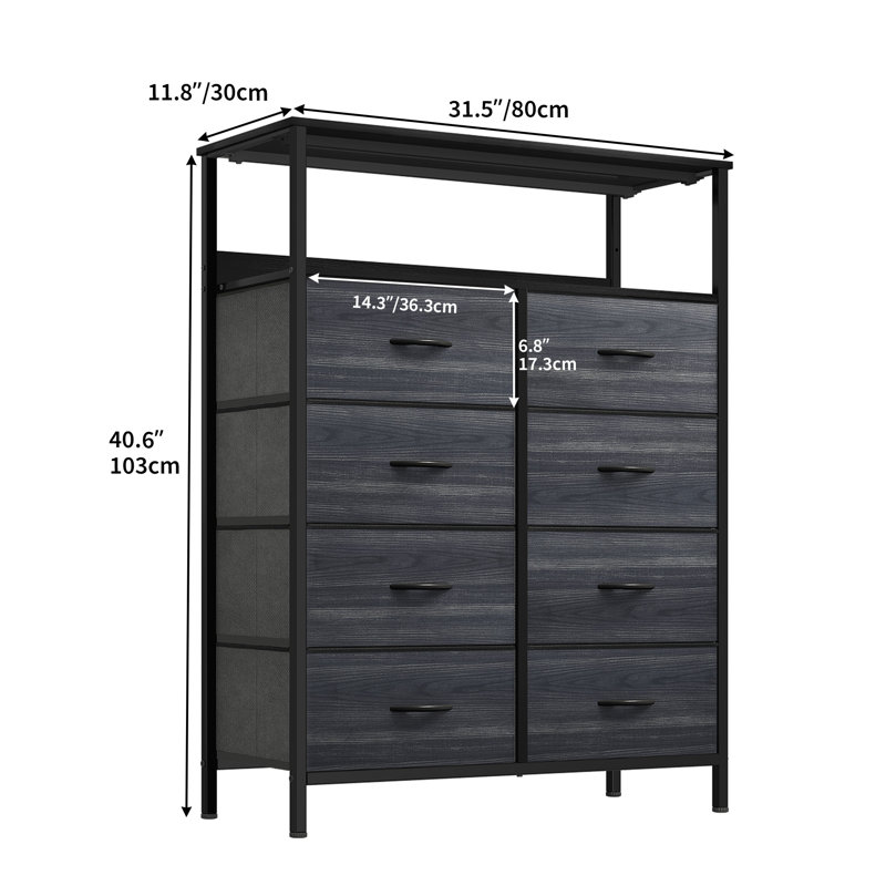 Stefie 8 Drawer Chest of Drawers,80Cm W Bedroom Drawers, Charcoal/Black