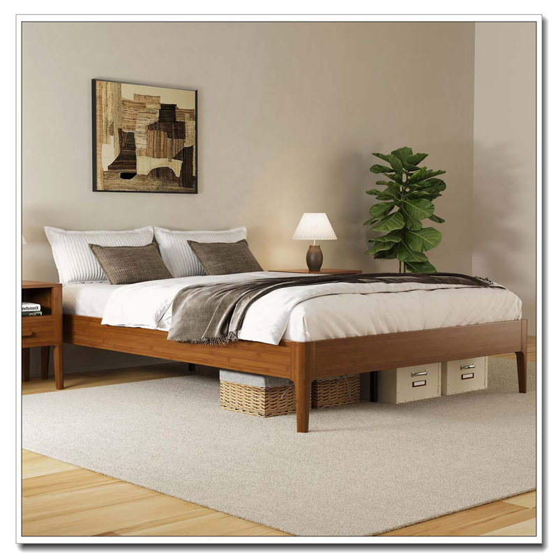 Structure de lit plateforme en bois de bambou massif, Lit double, Brun