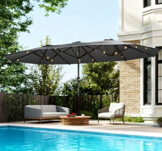Parasol à double face facile à utiliser avec base, parasol de patio avec lumières solaires à DEL, parasol à double face Parasol