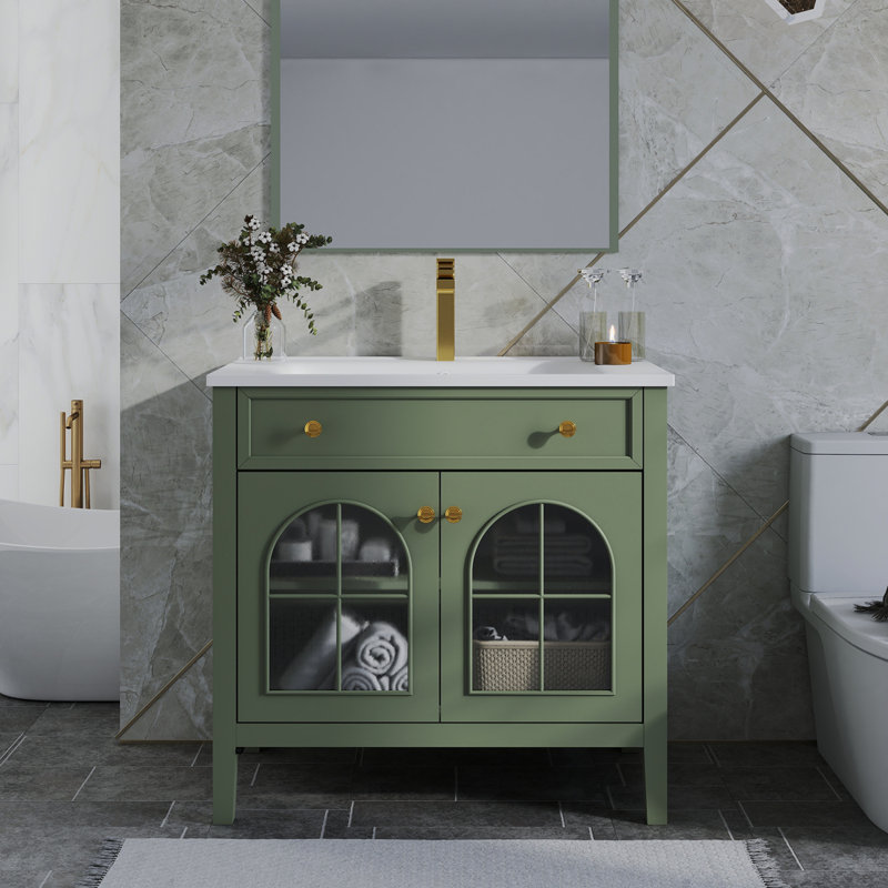 Lavabo de salle de bain 36 po Mid-Century avec verre à motif et bande lumineuse à capteur de mouvement, meuble-lavabo sur pied Farmhouse avec rangement, meuble-lavabo haut de gamme pour salle de bain, vert