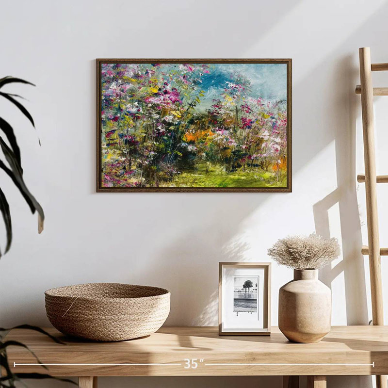 Abstrait fleur sauvage, 19 po x 13 po, Cadre flottant noyer