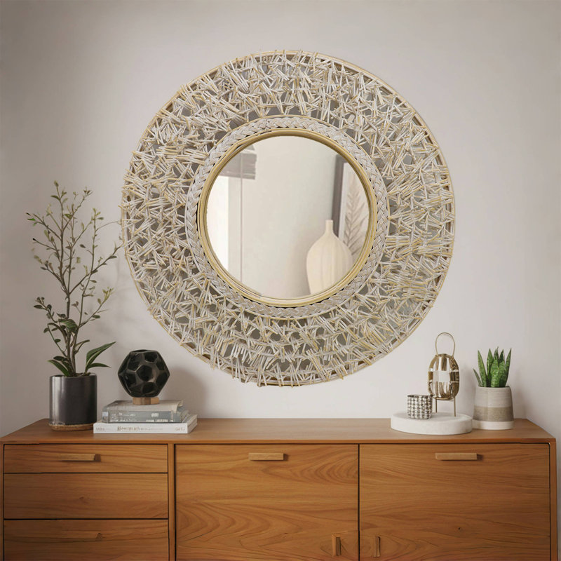 Miroir mural rond en rotin et bambou, 24 po x 24 po, Rond