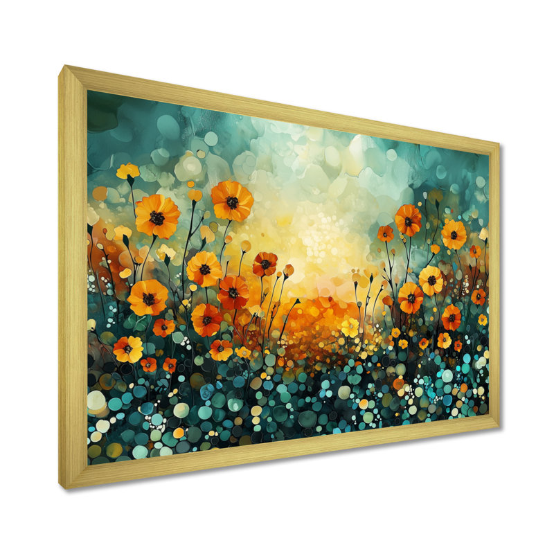 Coucher de soleil, souci, champ de couches émeraude I - souci, décoration murale, H 12 po x l 20 po, Doré