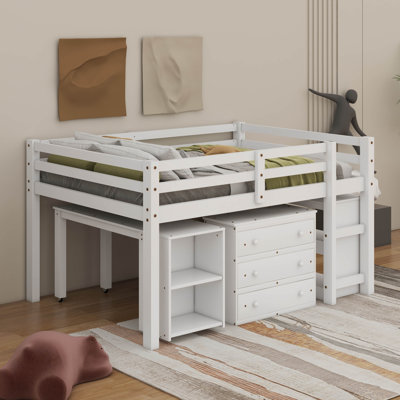 Low Full Loft Bed With Cabinet ,Shelves And Desk