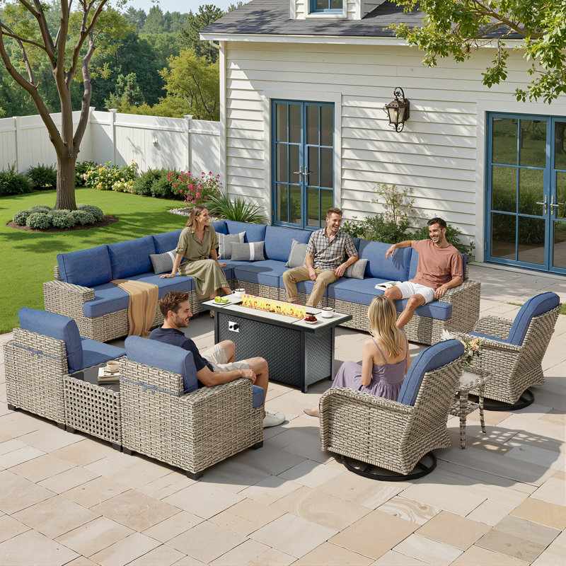 Outdoor 12-Person Rattan Settee Sofa Set, Equipped With A 54-Inch Liquefied Gas Fireplace Table, And Available In Multiple Color Options For The Cushions.