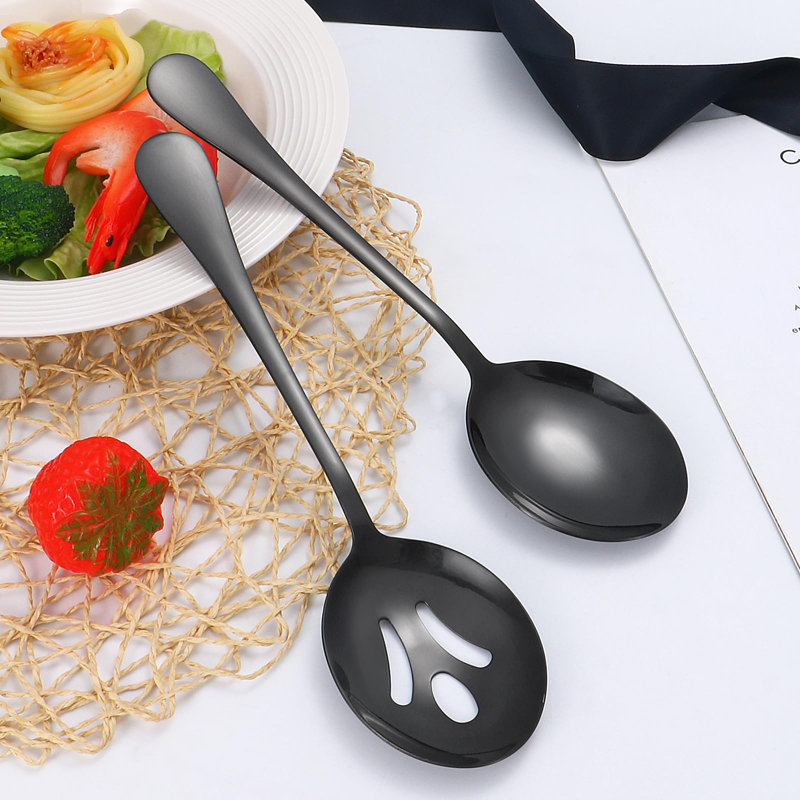 8-Piece Stainless Steel Serving Utensil Set, Dishwasher Safe Tableware For Travel & Hosting, Black