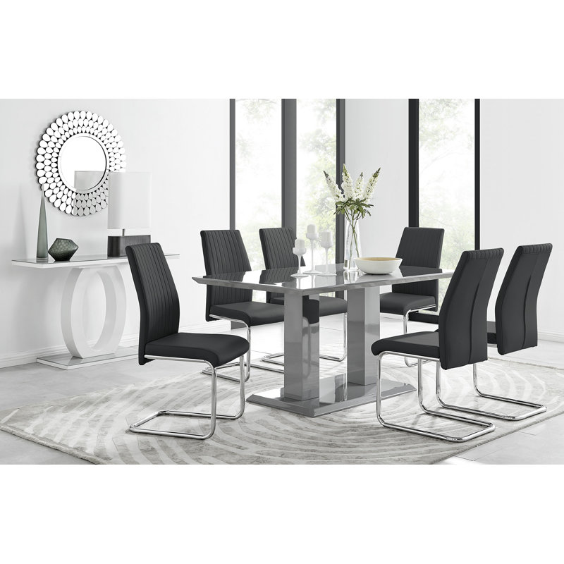 Edzard Double Pedestal High Gloss Dining Table Set with 6 Luxury Faux Leather Dining Chairs, Black