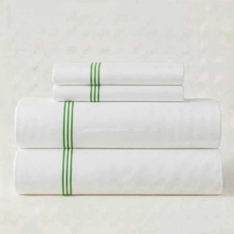 500TC Cotton Triple Embroidery Sateen Solid Cotton 4 Piece Sheet Set Fitted Sheet Fits Upto 16" Deep Pocket, Green Border