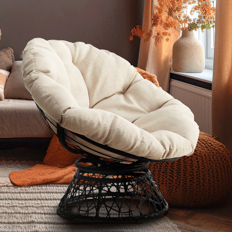 Ariyelle Swivel Papasan Accent Chair with Extra Thick Cushion for Ultimate Comfort, Beige 100% Polyester, Black