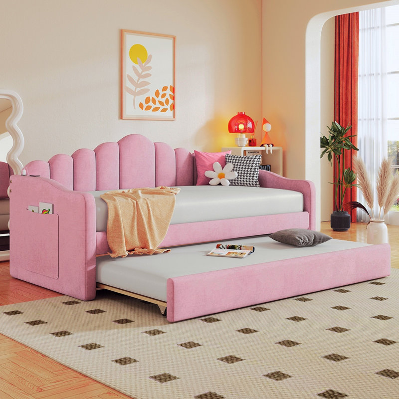 Lit de jour simple tapissier avec couchette, canapé-lit en velours avec ports USB, aucun sommier nécessaire, rose (ancien SKU HL000067AAH)