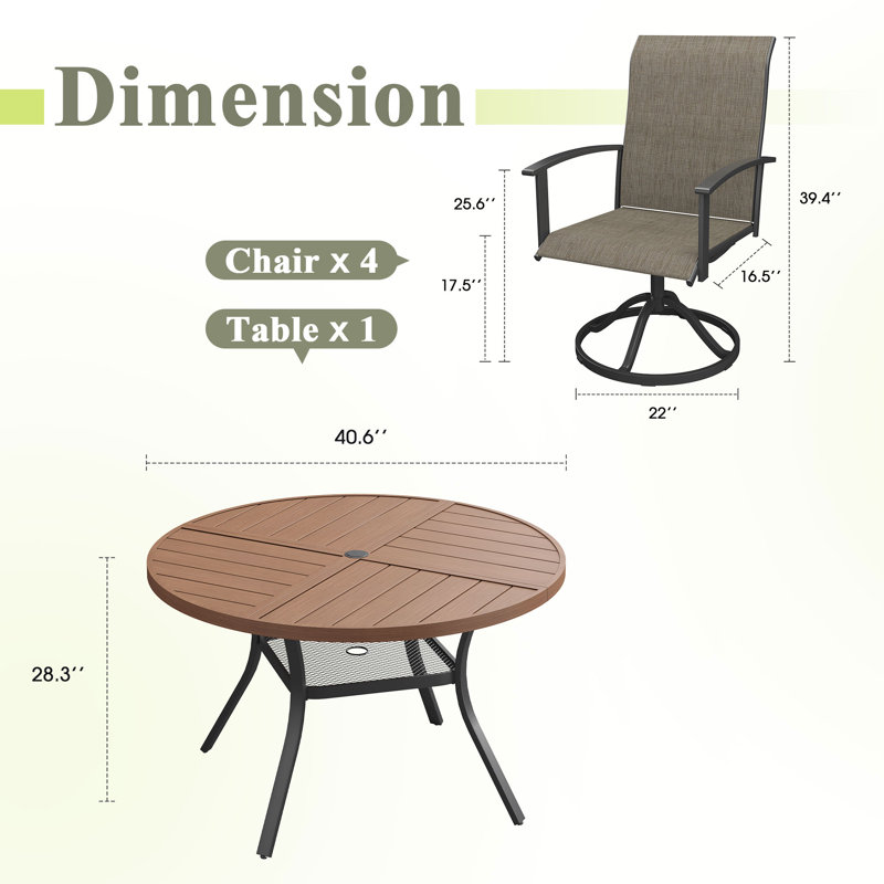 Ensemble repas pour 4 personnes avec chaises pivotantes en polyester enduit de PVC, Noir / brun