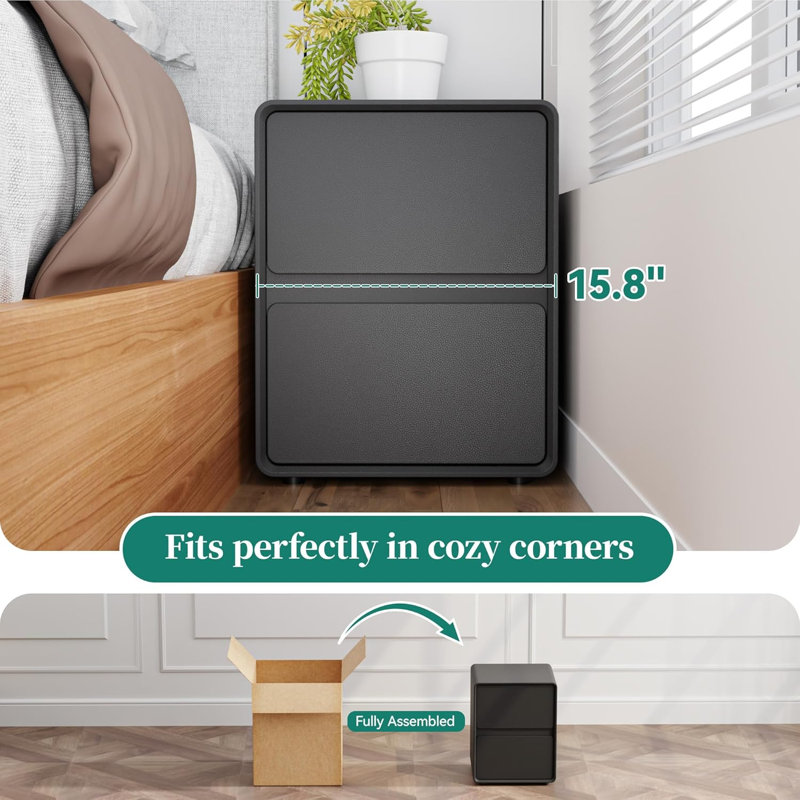 15.8" Wide Fully-Assembled Faux Leather Narrow Nightstand, Black, 2