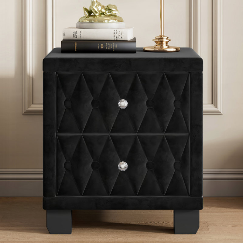 Élégante table de chevet en velours avec 2 tiroirs et poignée en cristal, table de chevet avec capitonnage à boutons, noir