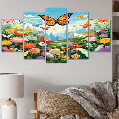 Orange monarque papillon, champ de fleurs idyllique - animaux, art mural, salon, 5 panneaux