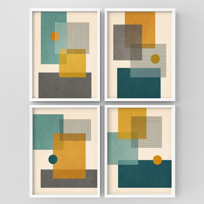 "Carré Mid-Century géométrique bleu sarcelle, formes abstraites, illustrations, décor", 4 pièces