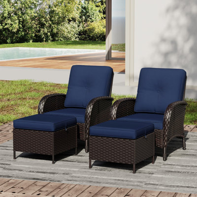 2-Person PE Wicker Outdoor Patio Set With 2 Chairs,2 Ottomans & Blue Cushions