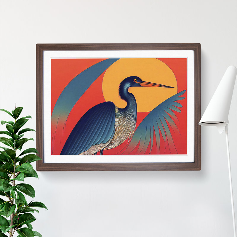 Artistic Heron Bird - Single Picture Frame Print, 34cm H x 46cm W x 2cm D, Walnut Framed