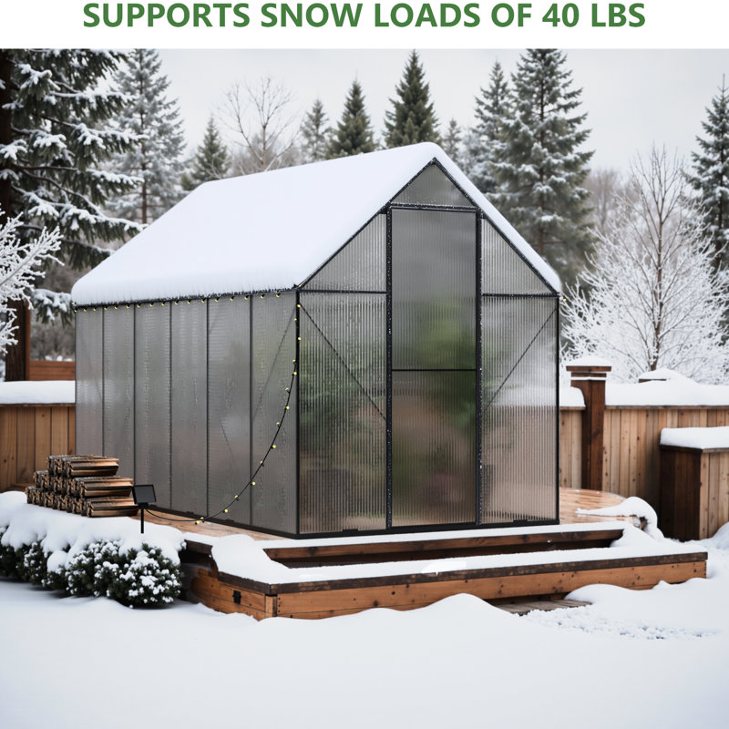 Serre de jardin 6 x 12 avec fenêtres d'aération réglables, porte verrouillable et solarium en métal avec indicateur de température, charnières de contrôle