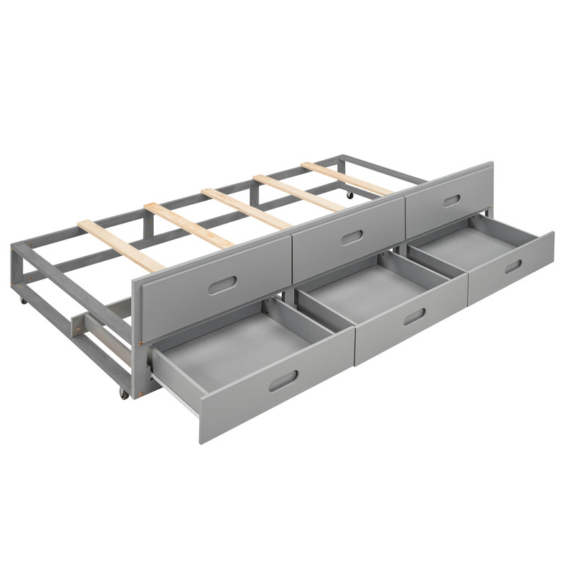 Lit plateforme gris double avec rangement dans la tête de lit, 3 tiroirs, lit gigogne simple et - Durable avec tête de lit de rangement, tiroirs modernes et