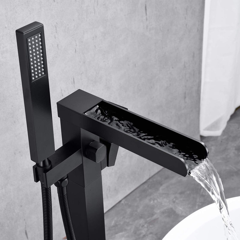Freestanding Waterfall Tub Filler with Hand Shower, Matte Black