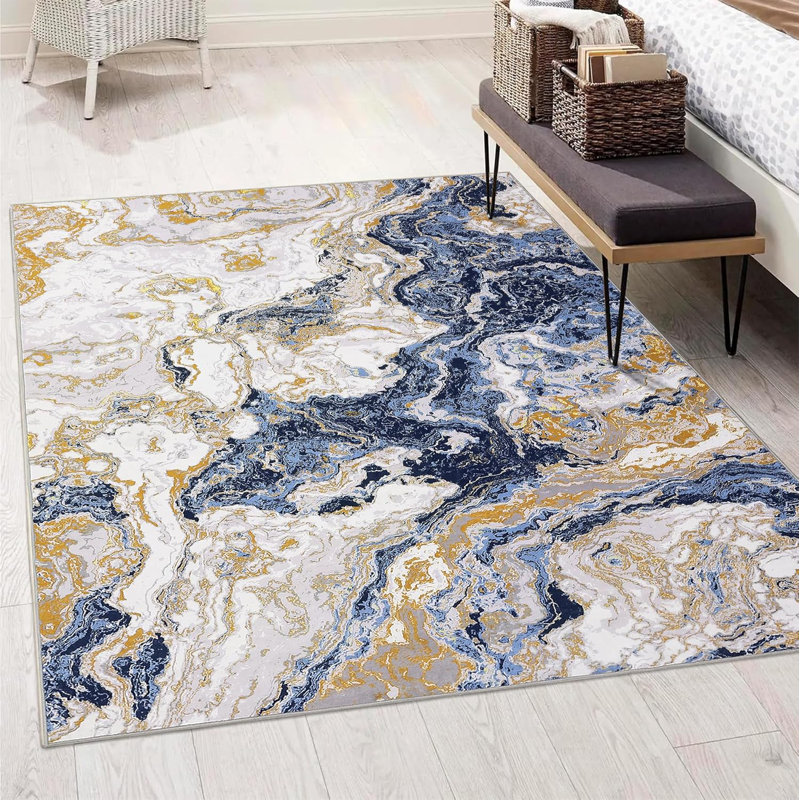 Modern Abstract Area Rug 8x10, Low Pile Washable & Non-Slip Carpet for Living Room, Bedroom, Blue, Rectangle 8' x 10'
