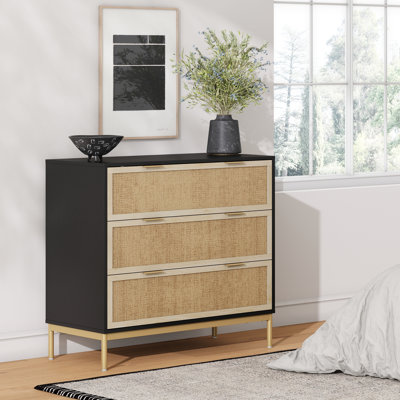 3-Drawer Wood Rattan Dresser with Metal Legs